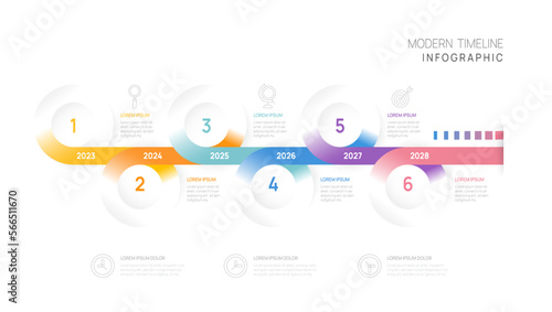 Infographic Timeline diagram template for business. 6 Steps Modern roadmap with circle topics, for vector infographics, flow charts, presentations.