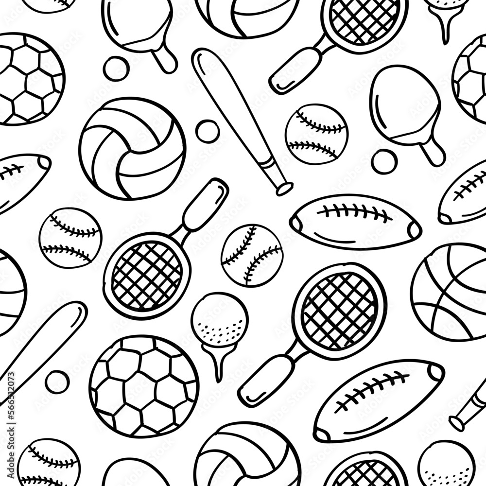 sports seamless pattern in doodle style