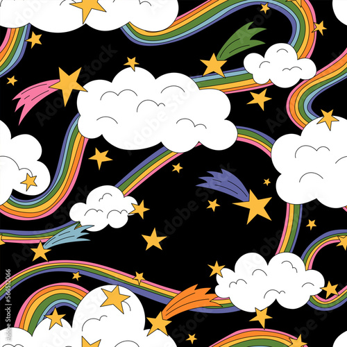 Seamless pattern with rainbows, clouds and stars in groovy cartoon style. Hand drawn vector background. 
