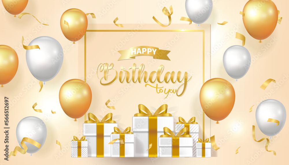 Gold birthday card with gold and white balloons and a gift tied with a ...
