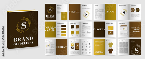 Brown and Gold Brand Guidelines template. Brand Manual presentation in A4 size. Logo Guideline mockup. Logo Guide Book layout. Logotype presentation