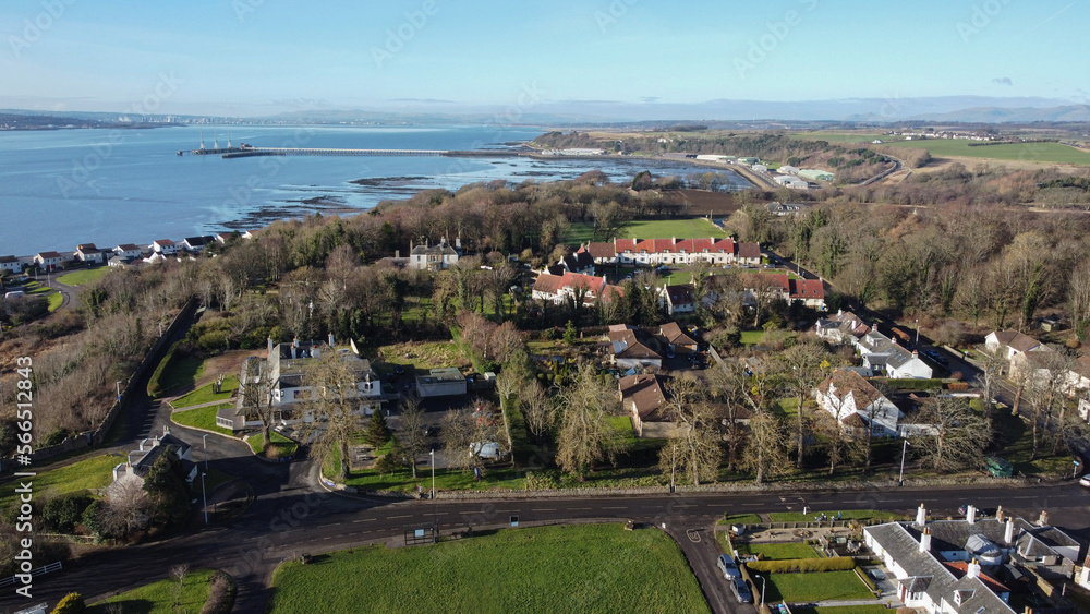 Village Charlestown and Firth of Forth view from the sky.  Charlestown is a village in Fife, Scotland. It lies on the north shore of the Firth of Forth