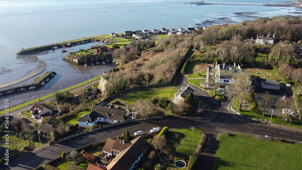Charlestown village and Harbour aerial view, Fife, Scotland.
