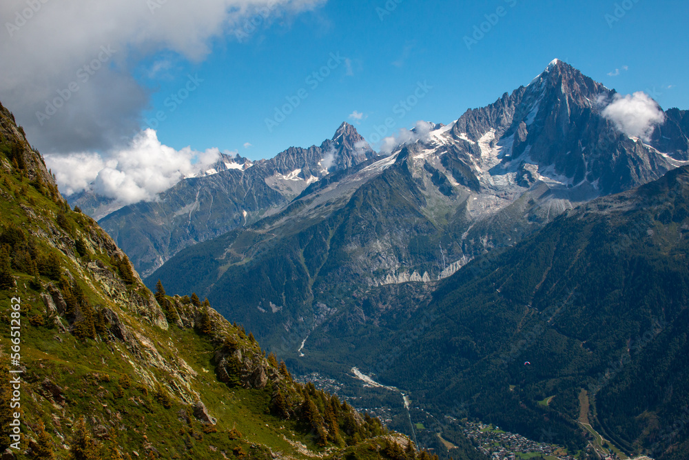 The view from a hiking trail starting at Refuge de Bellachat near Les Houches and Chamonix toward Massif du Mont Blanc. September 2021