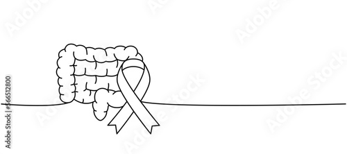 Human intestines with ribbon one line continuous drawing. Cancer awareness ribbon, AIDS tape continuous one line illustration.