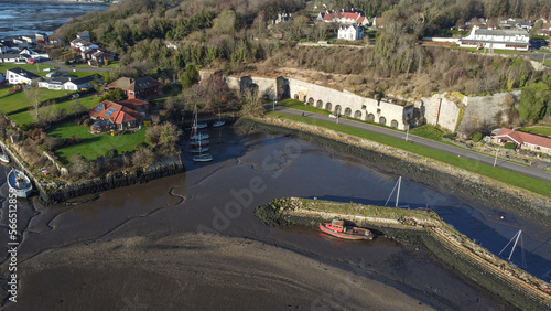 Charlestown Harbour and ruined limekilns view, Fife, Scotland. Limekilns and Charlestown are a pair of attractive, west Fife villages sitting on the north bank of the Firth of Forth