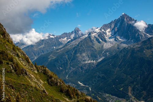 The view from a hiking trail starting at Refuge de Bellachat near Les Houches and Chamonix toward Massif du Mont Blanc. September 2021