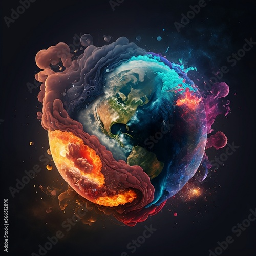 Creative illustration of earth as a globe merging with elements like fire and smoke. Colorful blend of transformation.