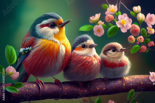 Happy birds on the tree in spring. Generative AI.