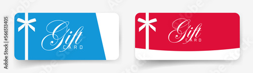 Gift card discount voucher red blue coupon paper vector, invitation giftcard certificate template design with white bow luxury ribbon modern, vip premium membership ticket layout graphic image