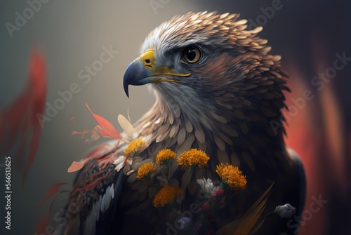 Perched hawk with intense predatory gaze - stealthy and perfectly camouflaged in colorful flower field - generative AI illustration. © SoulMyst