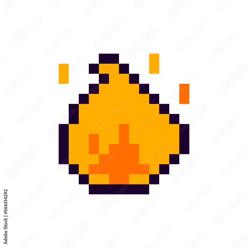 Fire Pixel Art gaming item. Game pixel the fire icon, flame 8Bit game resource. Vector Illustration isolated on white background.