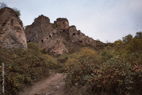 Ruins of old cave city Khndzoresk in Armenia and tourist trail
