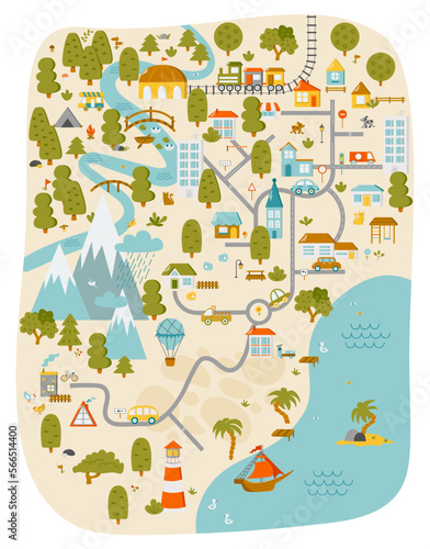 Cute town map for kids room. Landscape with lot details. Vector illustration