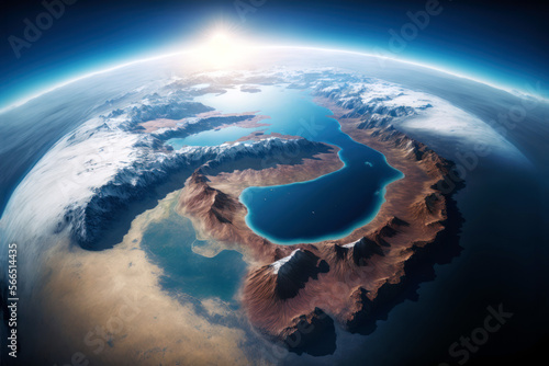 Fototapeta Naklejka Na Ścianę i Meble -  Curvature of planet Earth. Aerial view of blue planet from space. Sunrise over globe land and ocean. Generative AI