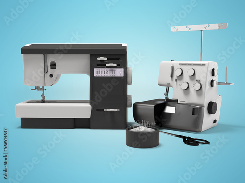 3d illustration of universal electric sewing machine and electric sewing machine overlock set for on blue background with shade photo