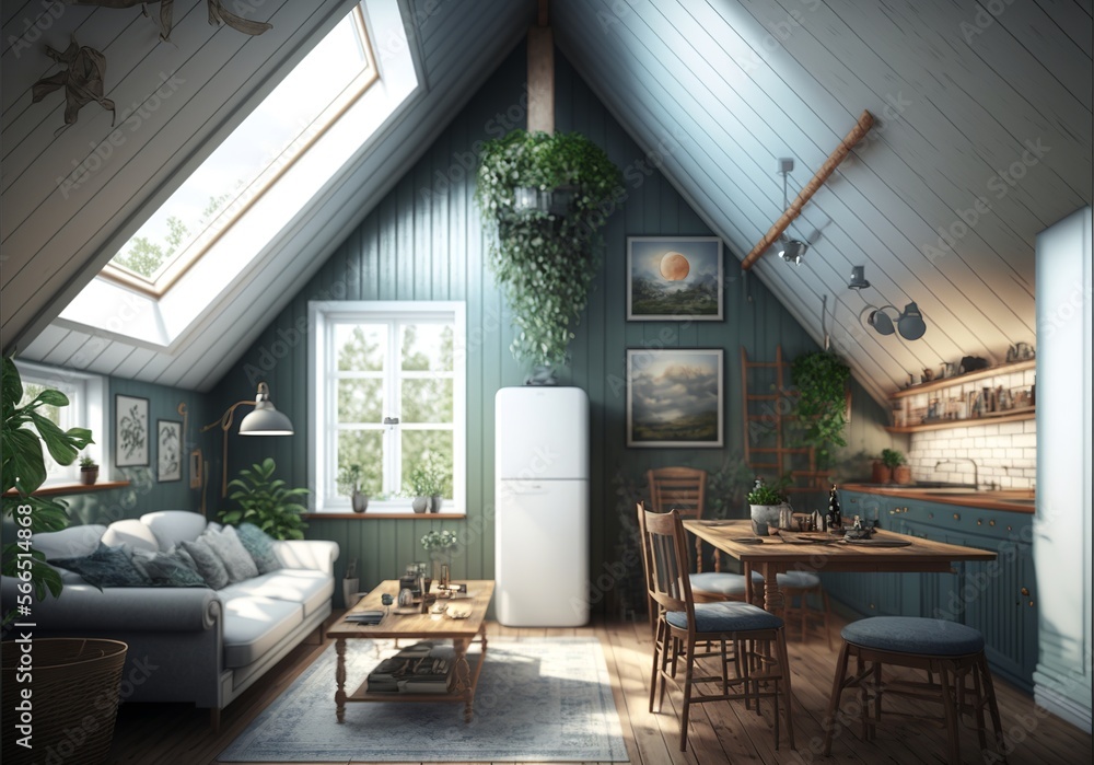 Fototapeta premium Scandinavian style attic room with refridgerator and dining table