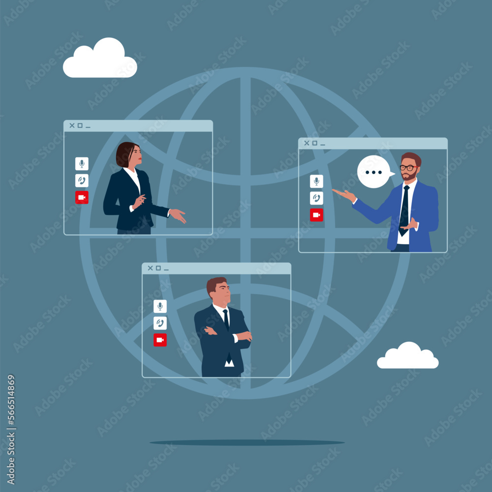 Vetor de Work remotely, Long distance communication. Earth globe with ...