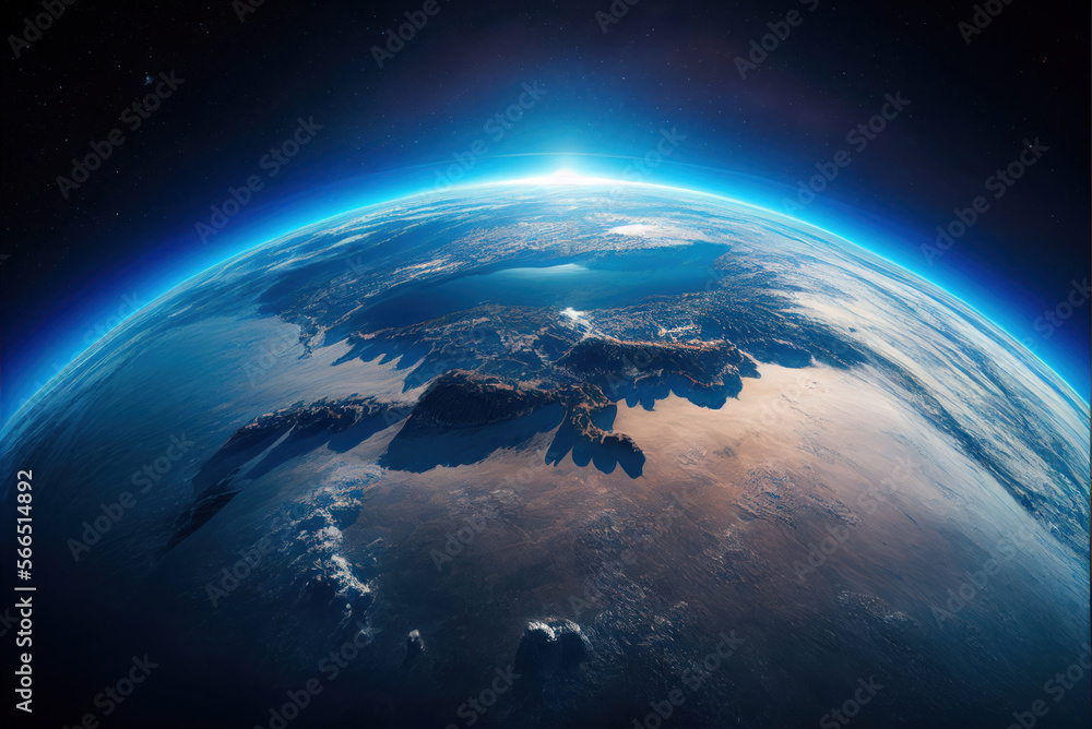 Planet Earth cutvature. Aerial view of blue planet from space. Sunrise over globe land and ocean. Generative AI - obrazy, fototapety, plakaty 