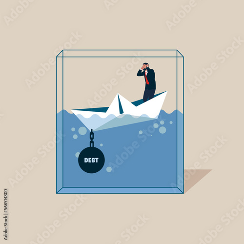 Businessman sinks paper boat due to a debt burden. Modern vector illustration in flat style.