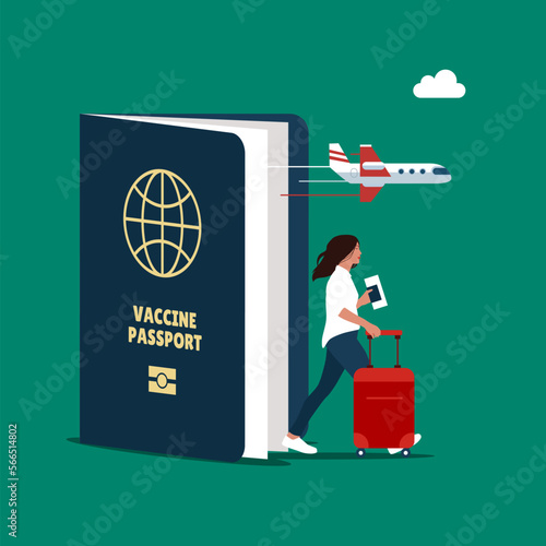 Businesswoman travel with vaccine coronavirus COVID-19 passport. Modern vector illustration in flat style.