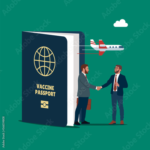 Business people travel with vaccine coronavirus COVID-19 passport. Modern vector illustration in flat style.