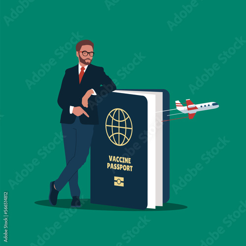 Businessman with vaccine coronavirus COVID-19 passport. Brainstorming creative and work love. Modern vector illustration in flat style.