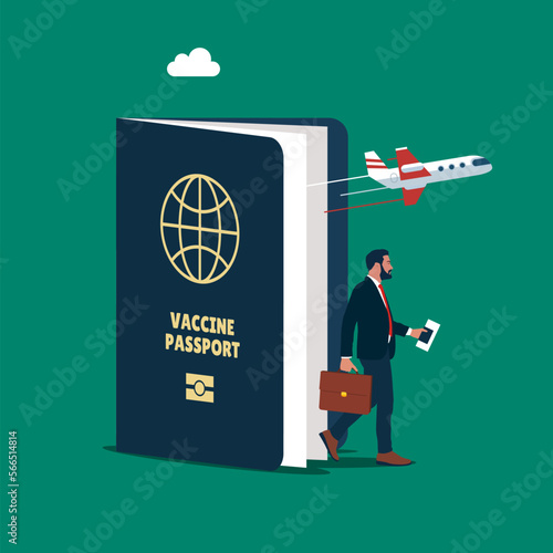 Businessman travel with vaccine coronavirus COVID-19 passport. Modern vector illustration in flat style.