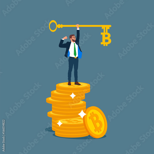 Businessman holding key to financial success. Business, Company, Funds, bitcoin. Modern vector illustration in flat style.