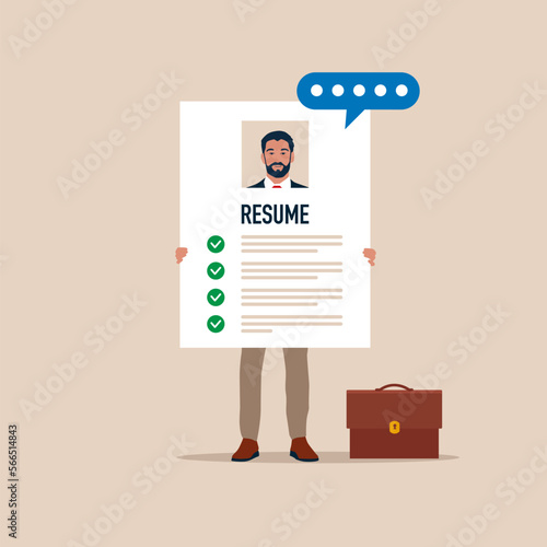 Resume profile to apply for new job, searching for personnel to work. Businessman present his working profile for hiring. Modern vector illustration in flat style.