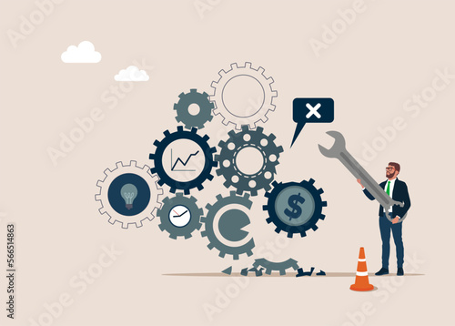 Businessman with wrench stands near mechanism with gears, repairing or restoring broken business. Maintenance. Modern vector illustration in flat style.