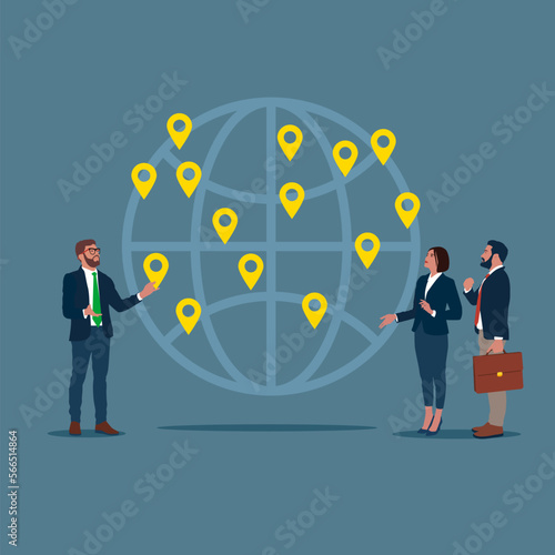 Global business expansion, open company branches, franchise in new location to cover all continent. Business team put new branch pin on world map across globe. Modern vector illustration in flat style
