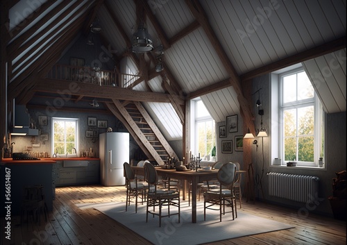 Scandinavian style attic kitchen with wooden beams © Csaba
