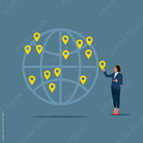 Global business expansion, open company branches, franchise in new location to cover all continent. Businesswoman put new branch pin on world map across globe. Modern vector illustration in flat style