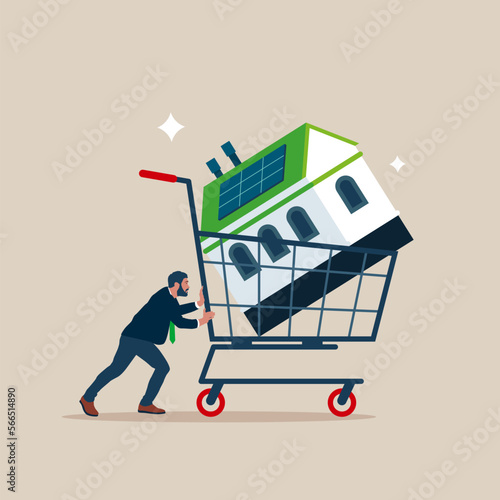 Happy businessman pushing new house inside shopping cart trolley. Property investment or mortgage concept.  Modern vector illustration in flat style