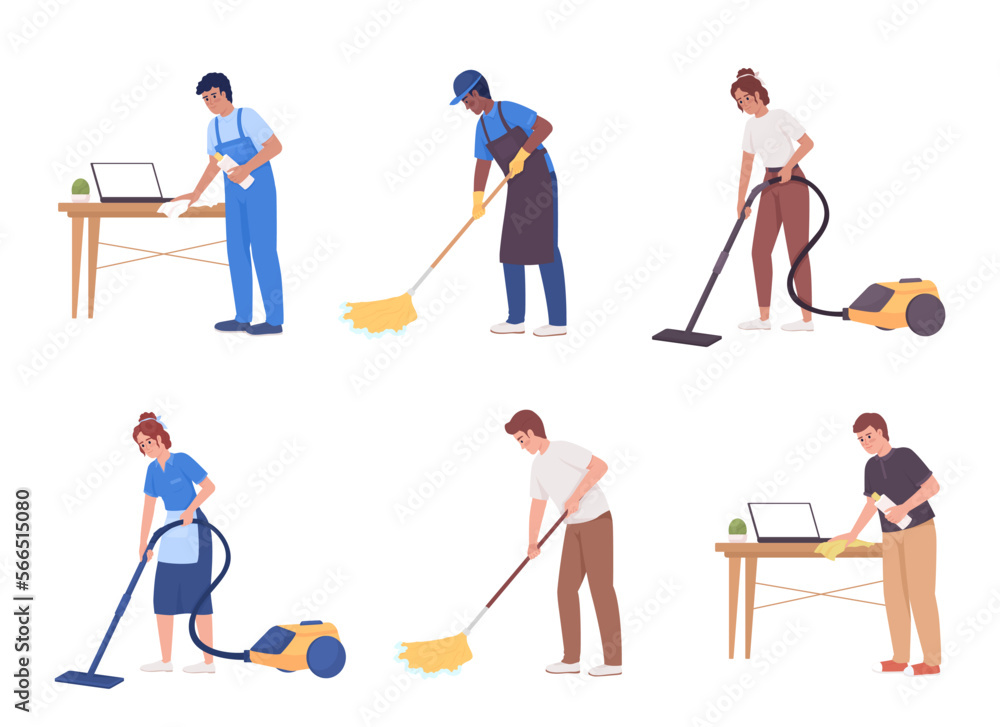 Workers cleaning house and commercial property semi flat color vector characters bundle. Editable full body people on white. Simple cartoon style illustration set for web graphic design and animation