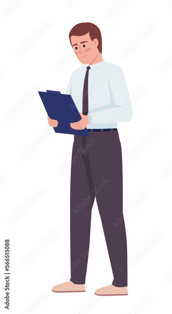 Office manager checking handwritten notes on tablet semi flat color vector character. Editable figure. Full body person on white. Simple cartoon style illustration for web graphic design and animation