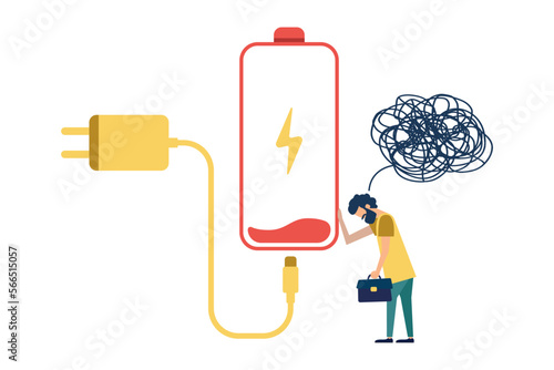 Vector illustration concept of fatigue from work. Burnout at work. The need for additional energy. Motivation for work.
