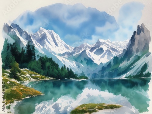Image of the mountain with lake in front of it, watercolor masterpiece © Kuan