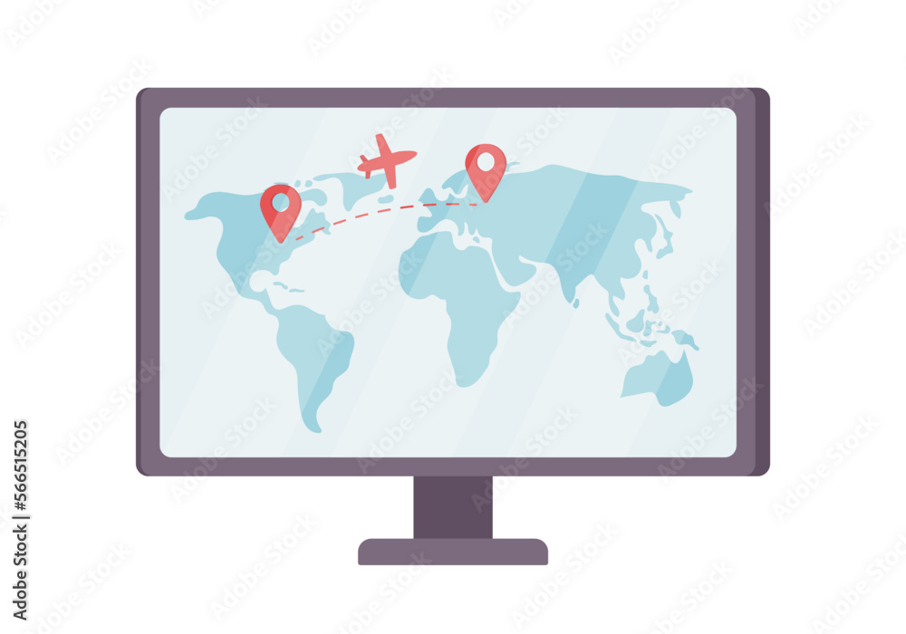 Computer monitor with flight tracker map semi flat color vector object. Editable item. Full sized element on white. Simple cartoon style illustration for web graphic design and animation Computer monitor with flight tracker map semi flat color vector object. Editable item. Full sized element on white. Simple cartoon style illustration for web graphic design and animation