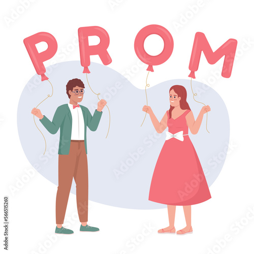 Middle school prom 2D vector isolated illustration. Boy asking girl to dance party flat characters on cartoon background. Color editable scene for mobile, website, presentation. Fredoka One font used