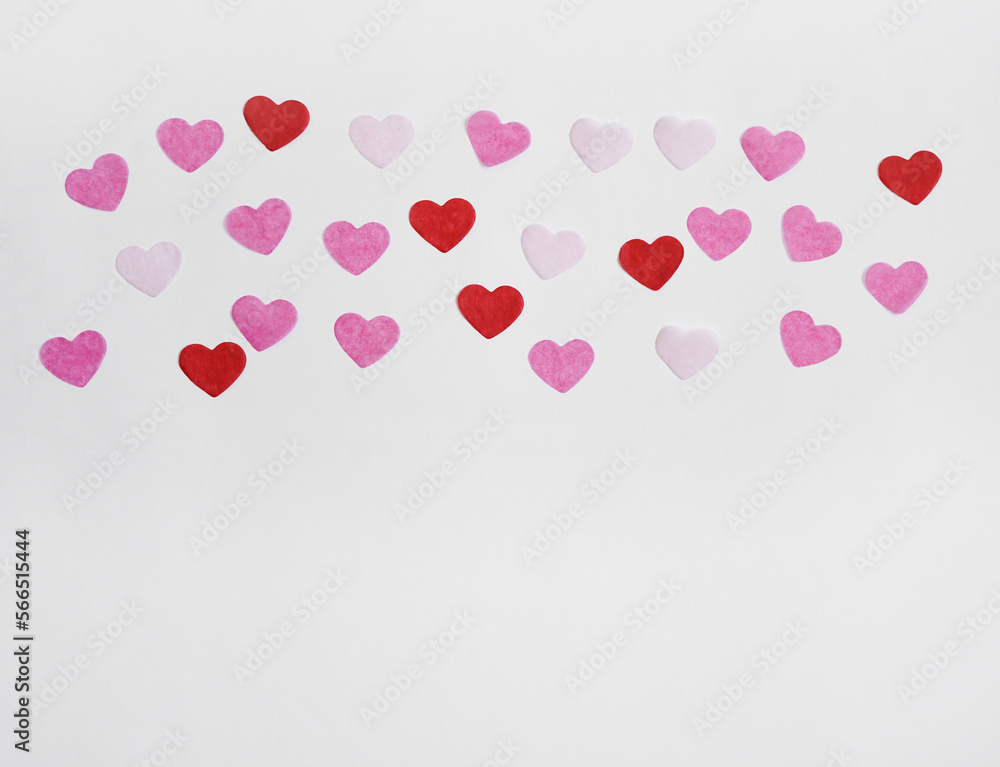 white background with red and pink hearts. card for valentine's day. Love and relationships concept. Copy space