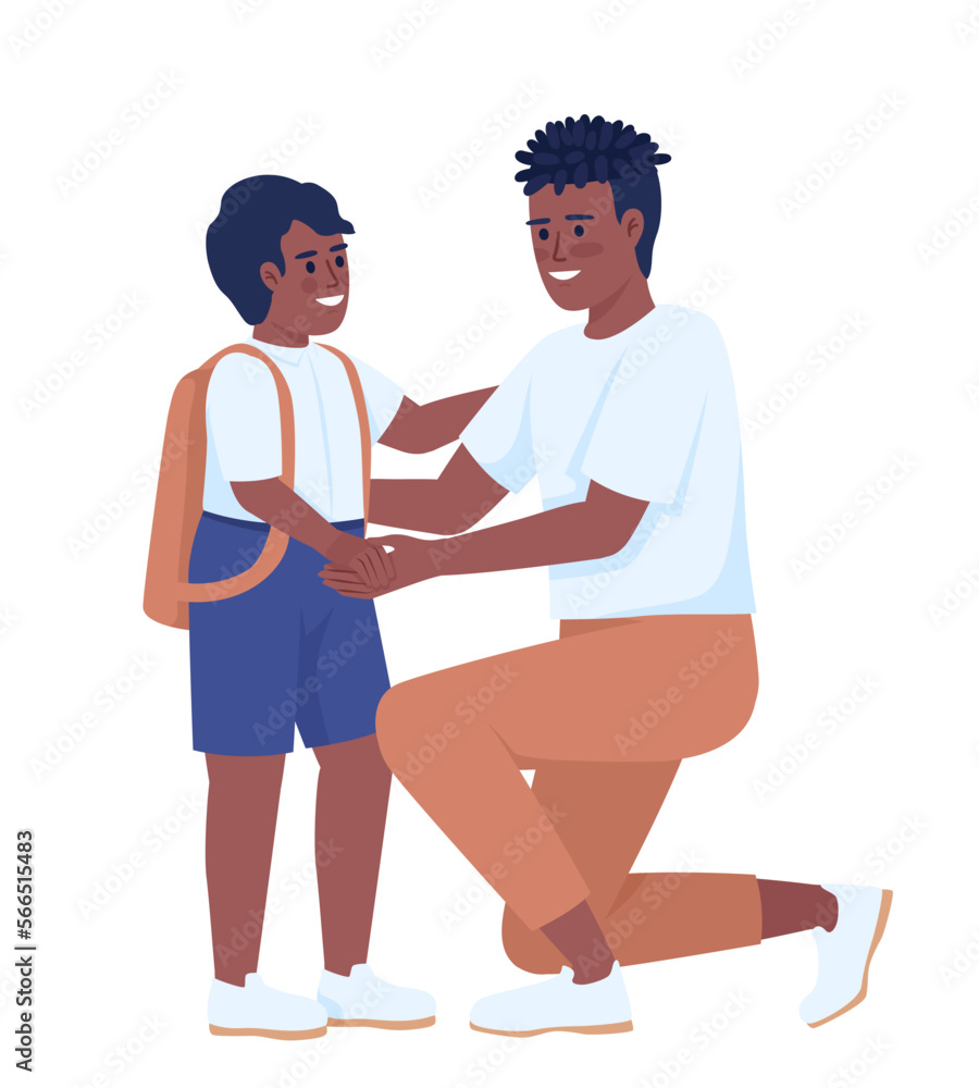 Father encouraging child to go to school semi flat color vector characters. Editable figures. Full body people on white. Simple cartoon style illustration for web graphic design and animation