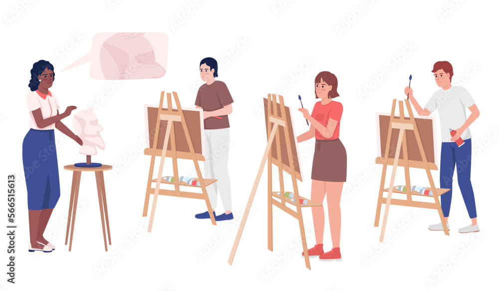 Art teacher giving talk about painting for students semi flat color vector characters. Editable full body people on white. Simple cartoon style illustration for web graphic design and animation Art teacher giving talk about painting for students semi flat color vector characters. Editable full body people on white. Simple cartoon style illustration for web graphic design and animation
