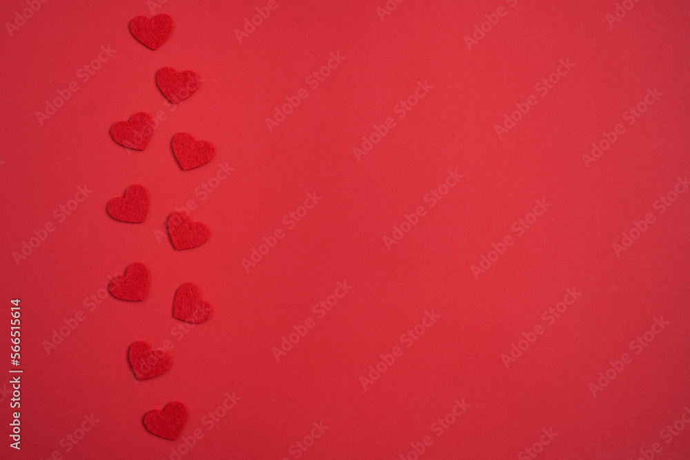 Valentine's Day  red background with  red hearts.  Love and relationships concept. Copy space