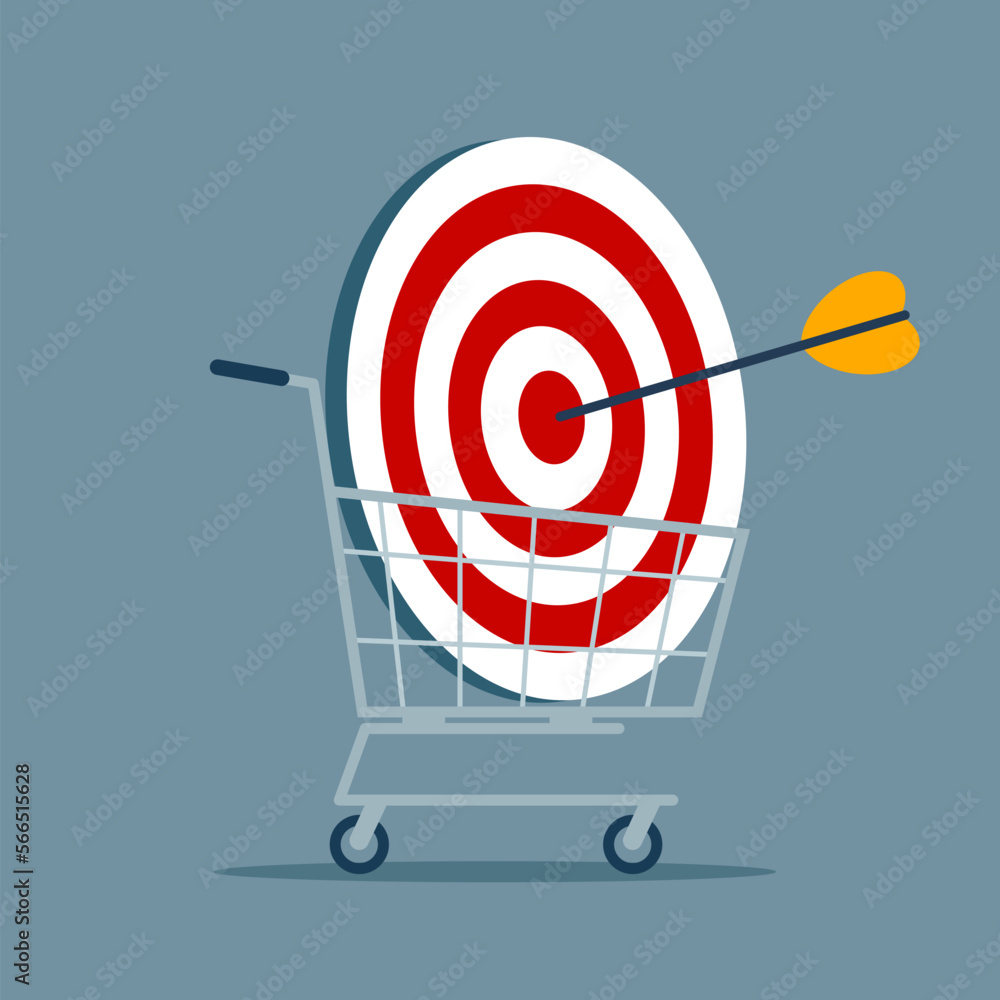 Buy goal with shopping cart, bull's eye inside shopping basket. Successful shoot darts target. Flat vector illustration. Buy goal with shopping cart, bull's eye inside shopping basket. Successful shoot darts target. Flat vector illustration.