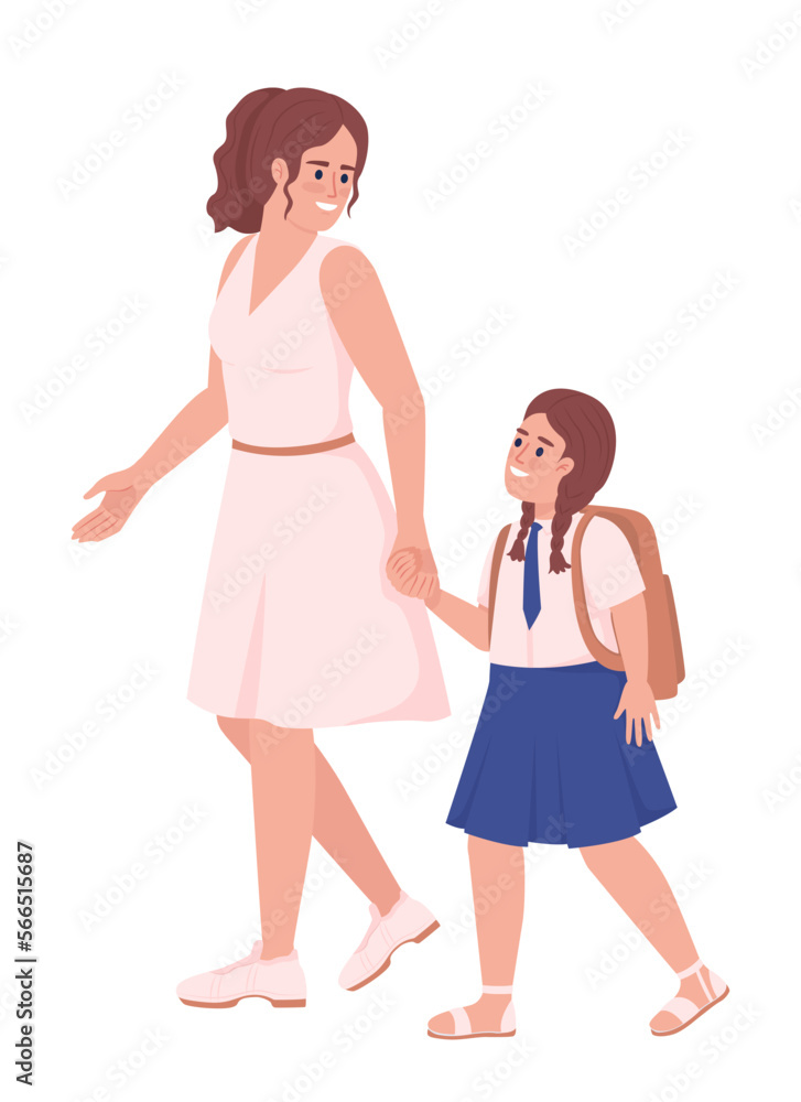 Mother with daughter in school uniform semi flat color vector characters. Editable figures. Full body people on white. Simple cartoon style illustration for web graphic design and animation