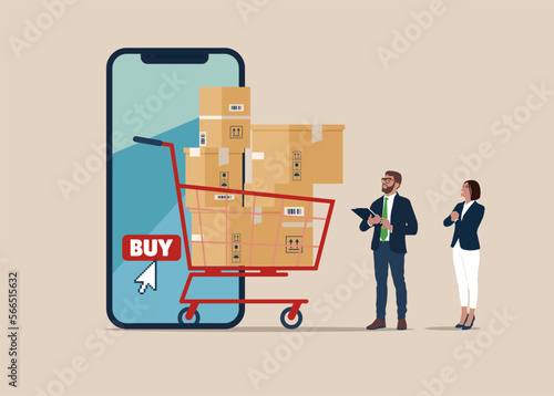 Parcel boxes, shopping carts, and smartphones for shopping online. Flat vector illustration.
