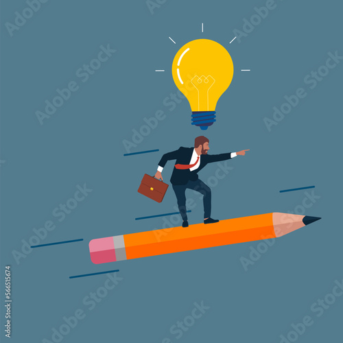 Businessman surfing on pencil with lightbulb over his head.  Flat vector illustration.