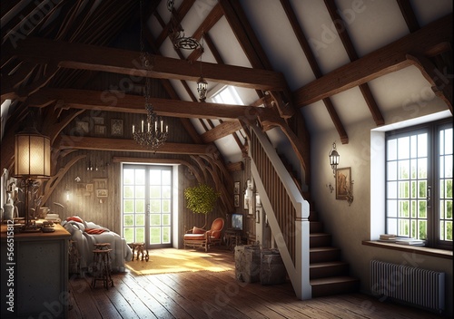 Country style attic interior living room made of natural wood with dresser